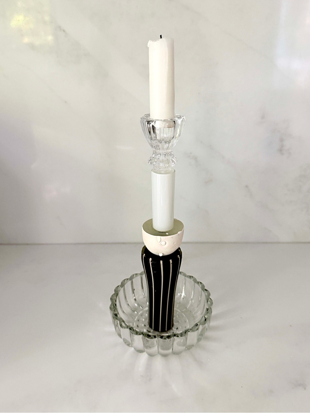 Vintage Black White Memphis Style Candle Holder Ribbed Taper Glass 80s
